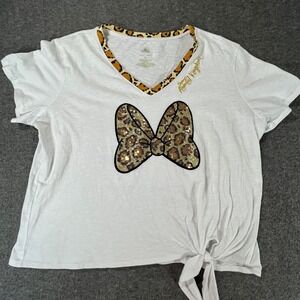 Disney Animal Kingdom Minnie Mouse Leopard Tee XL White Sequin‎ Bow Side Tie